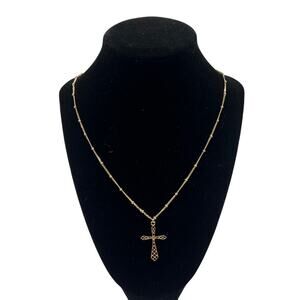 Vintage Gold Tone Filigree Religious Cross Rhinestone Center Necklace 20" Chain